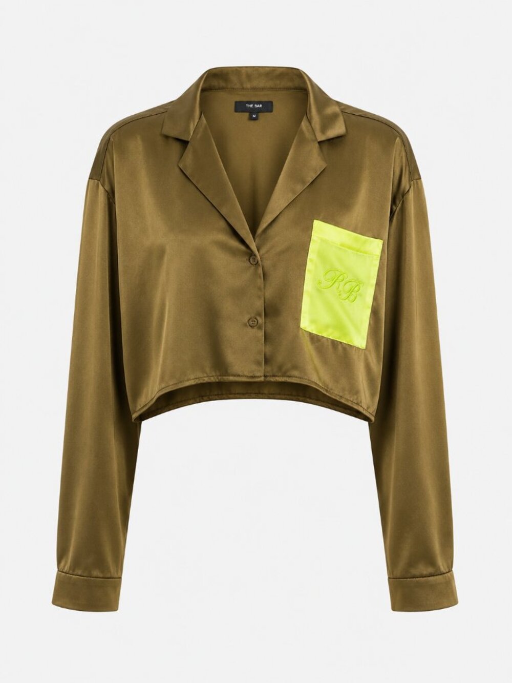 The Bar 100% Silk Olive and Lime PJ Crop Top Shirt